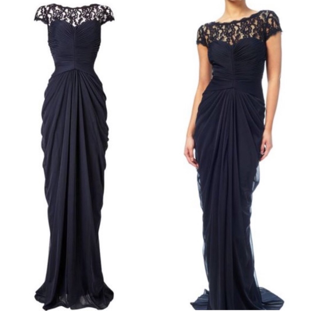 ADRIANNA PAPELL Lace Illusion Bateau Sheath Navy Gown